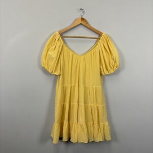 Rebecca Taylor Yellow Silk Cotton Tiered Mini Dress Short Puff Sleeve Sz L
